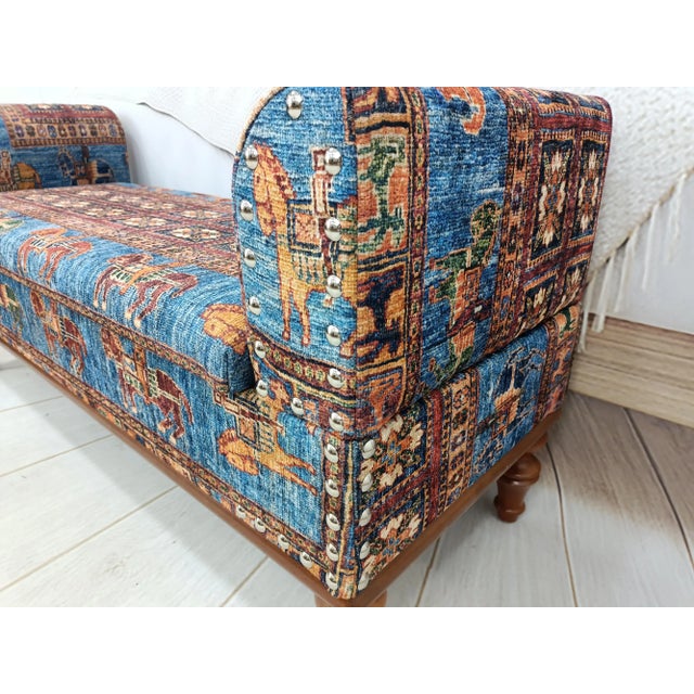 Wood Horse Pattern Rug Print Fabric Upholstered Armed Storage Bench For Sale - Image 7 of 10