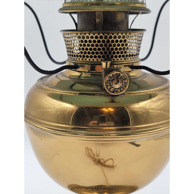 Art Deco Antique Converted Holmes Booth & Haydens Brass Oil Lamp Ribbed Cased Green Shade For Sale - Image 3 of 7