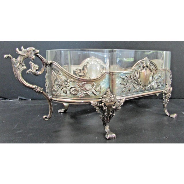 Art Nouveau 1910s Topazio Portuguese Sterling Silver Crystal Centerpiece Jardiniere Dragon Handles For Sale - Image 3 of 18