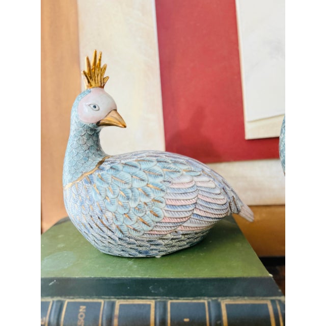 Exceptional pair of very large vintage Asian export porcelain peacock figures, featuring elegant sculptural forms and...