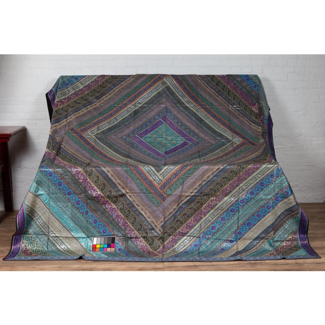 Mid 20th Century Indian Turquoise, Violet & Gold Silk Embroidered Fabric For Sale - Image 9 of 12