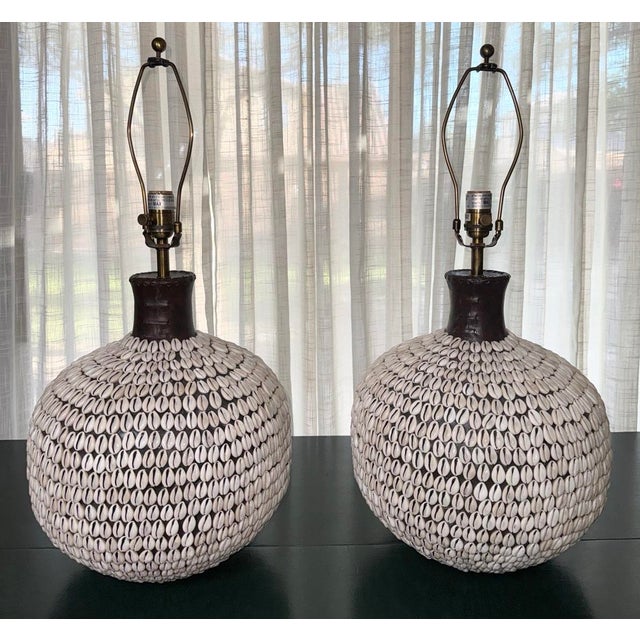 Early 21st Century South Pacific Cowrie Shell Encrusted Table Lamps Ikat Style Shades - A Pair For Sale - Image 5 of 12