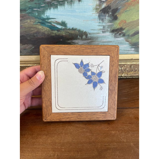 Vintage Handcrafted Ceramic Tile With Likely Oak Frame and Blue Floral Motif, Made in Usa. For Sale - Image 4 of 9