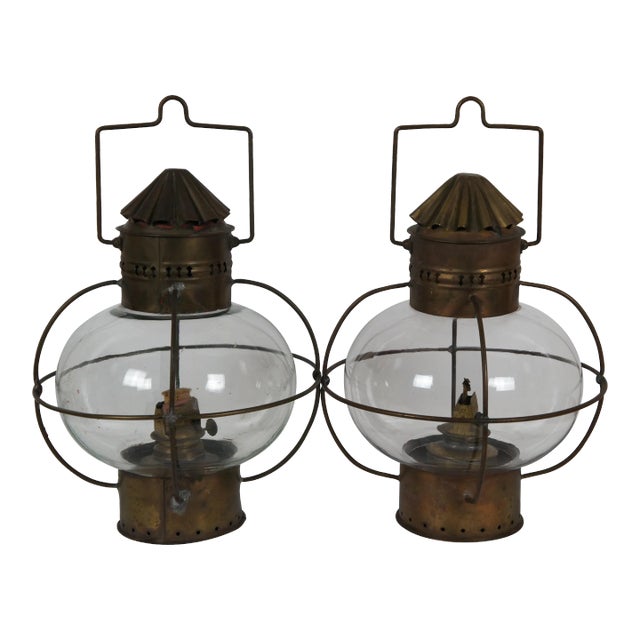 Antique Sherwood & Wedge British Nautical Maritime Brass Onion Ship Oil Lanterns - a Pair For Sale