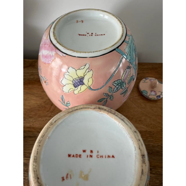 Peach 1980s Palm Beach Peach Pair of Floral Ginger Jars For Sale - Image 8 of 11