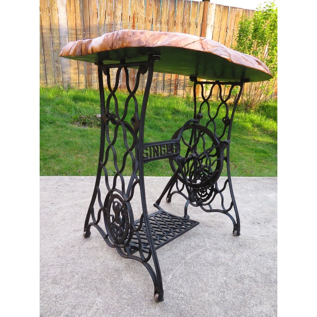 Antique Live Edge Cedar Wood Slab Side Table on Cast Iron Singer Treadle Base ~ Rustic Industrial Handmade Design For Sale - Image 12 of 15