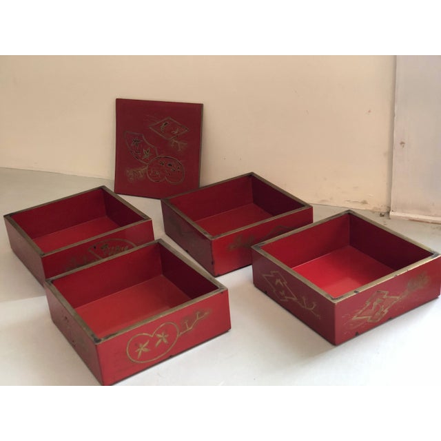 Ruby Red Japanese Red Lacquer and Gold Decorated Stacking Bento Box For Sale - Image 8 of 13
