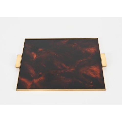1970s Tortoiseshell Acrylic and Brass Square Serving Tray by Christian Dior, Italy, 1970s For Sale - Image 5 of 14