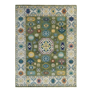 10x14 Inviting Kazak Light Green Tribal Geometric Hand Knotted Wool Carpet Rug For Sale
