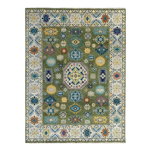 10x14 Inviting Kazak Light Green Tribal Geometric Hand Knotted Wool Carpet Rug For Sale
