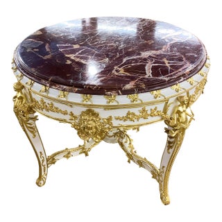1990s French Baroque Rococo Style Marble Topped White Gold Table For Sale