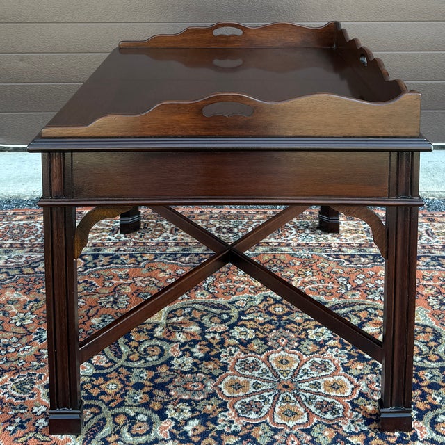 Wood Vintage Chippendale Mahogany Butler's Tray Coffee Table With Scalloped Gallery For Sale - Image 7 of 12
