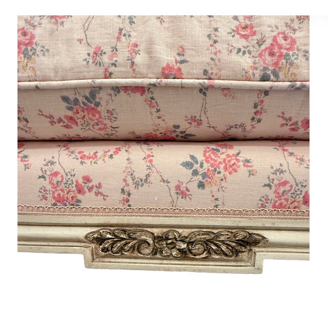 Wood Gorgeous 20th Century French Settee With New LoveShackFancy Linen Upholstery For Sale - Image 7 of 9
