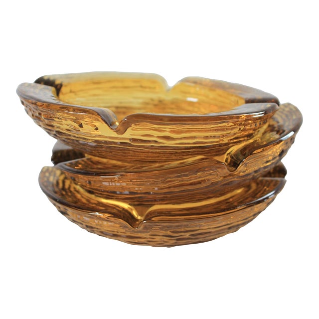 Mid-Century Amber Glass Ashtrays S/3 For Sale