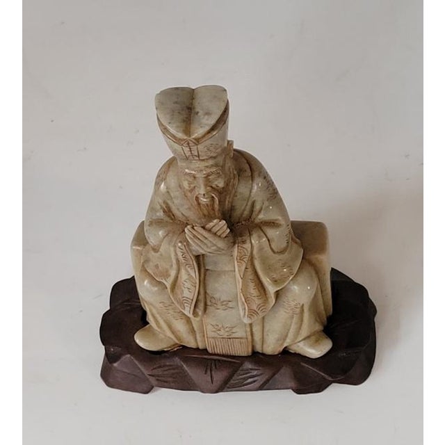 Early 20th C Chinese Carved Soapstone Seated Confucian Scholar Figure on Wood Stand – Collector's Find For Sale In Raleigh - Image 6 of 7