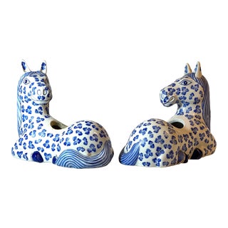 Maitland Smith Blue & White Pottery Horse Planters, a Pair For Sale