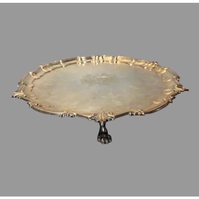Metal Antique English Silver Paw Footed 13” Armorial Salver Serving Tray 2lb 6oz For Sale - Image 7 of 9