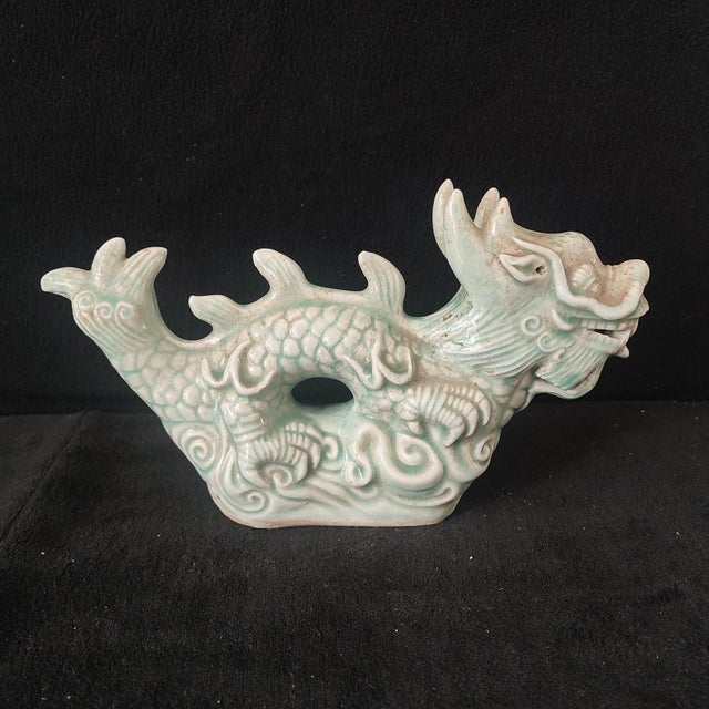 Art Deco Chinese Ceramic Ornament,Longqun Ware Hand Carved Celadon Glaze Porcelain Dragon Statue For Sale - Image 3 of 10