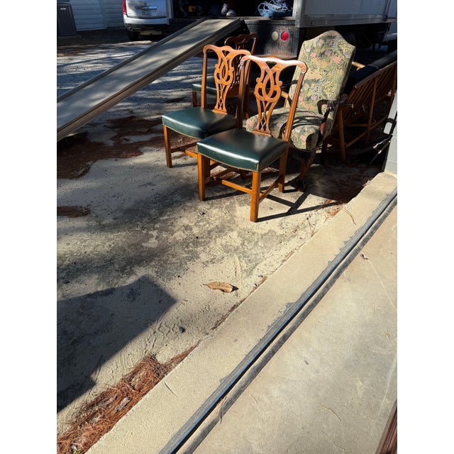 Mid 20th Century Chippendale Leather Seat Arm Chairs Set of 4 For Sale - Image 4 of 12