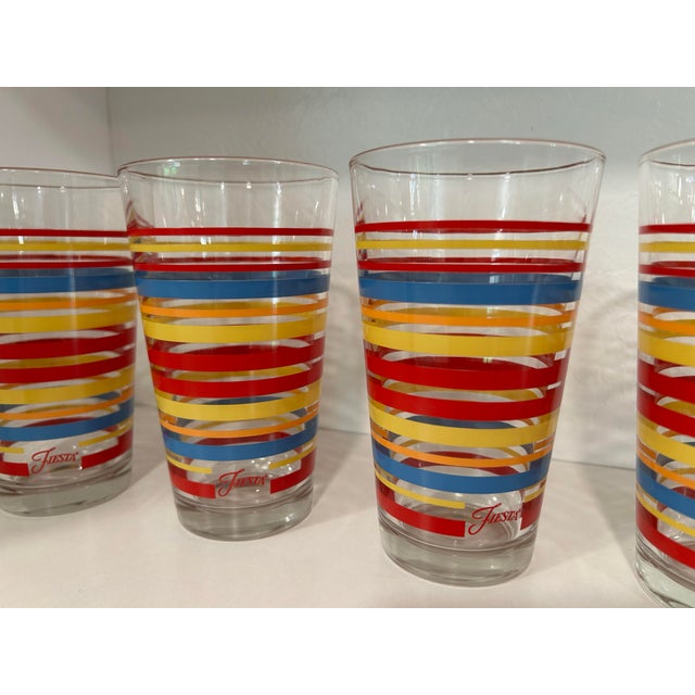 1970s Vintage Fiesta Drinking Glasses and Two Water or Iced Tea Glasses - Red, Yellow and Blue Stripes With Fiesta Mark on Front Panel - Set of 6 For Sale - Image 5 of 11