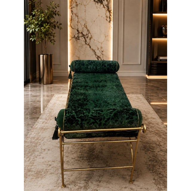 Hollywood Regency Vintage Hollywood Regency-Style Emerald Green Velvet and Gold-Tone Metal Bench For Sale - Image 3 of 7