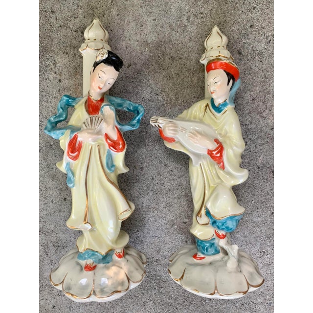 Hand Painted Porcelain Asian Couple Figurines- a Pair For Sale - Image 9 of 9