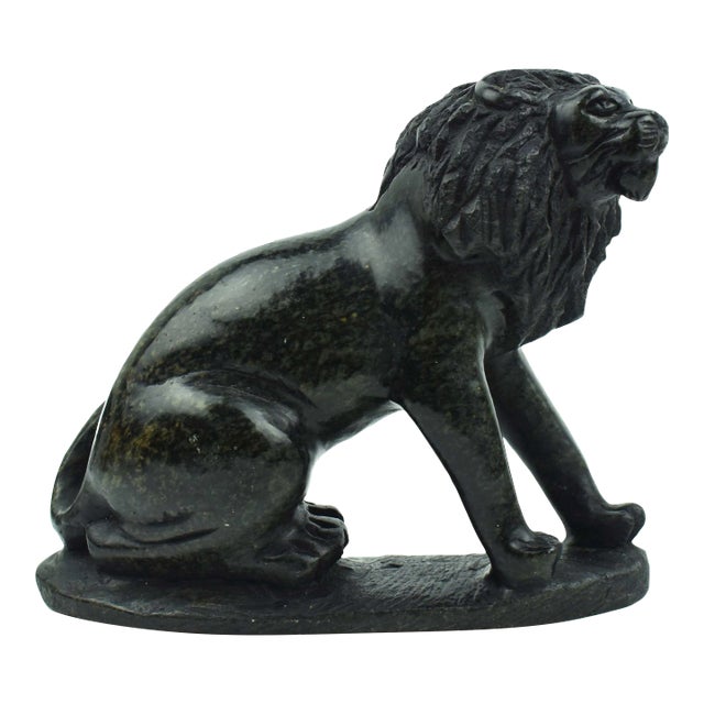 Mid 20th Century Handcrafted Solid Stone Sitting Lion Figurine on Base For Sale