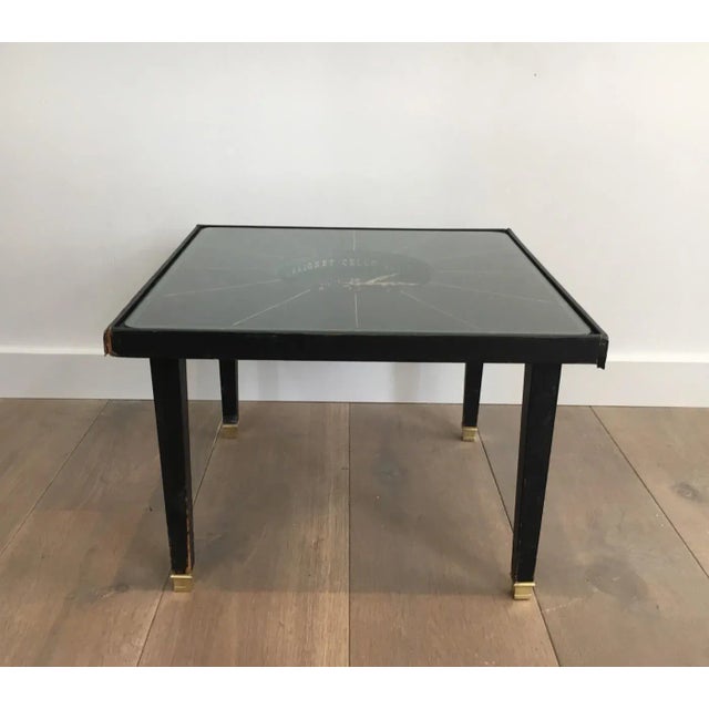In the Style of Jacques Adnet, Black Leather and Brass Small Clock Table For Sale - Image 10 of 13