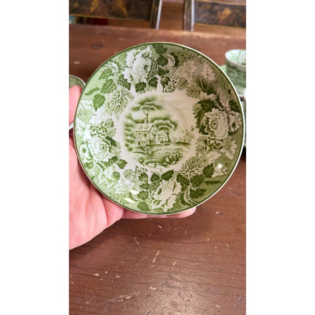 1940s Wood's "English Scenery" Green Transfer Cups and Saucers - Set of Four Enoch For Sale - Image 11 of 12