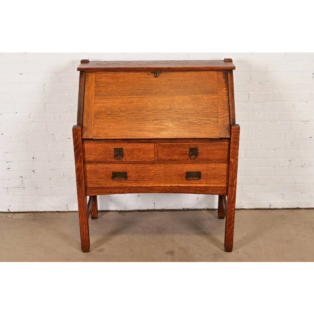 Mission Stickley Brothers Antique Mission Oak Arts & Crafts Drop Front Secretary Desk, Circa 1900 For Sale - Image 3 of 14