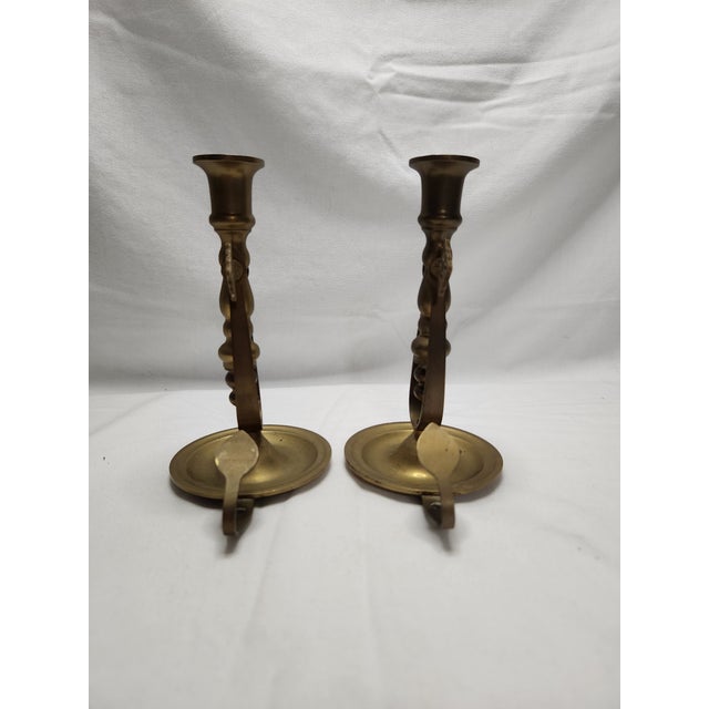 1960s 1960's Tilting Brass Candlestick Holders With Drip Tray & Holder - A Pair For Sale - Image 5 of 11