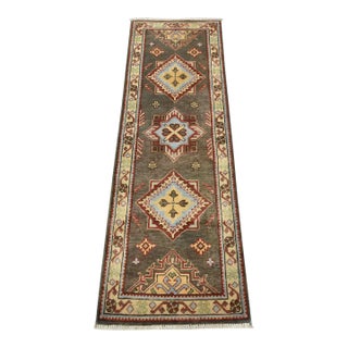 Kazak Runner 2’1” X 6’2” Gray Wool Tribal Hand-Knotted Oriental Rug For Sale