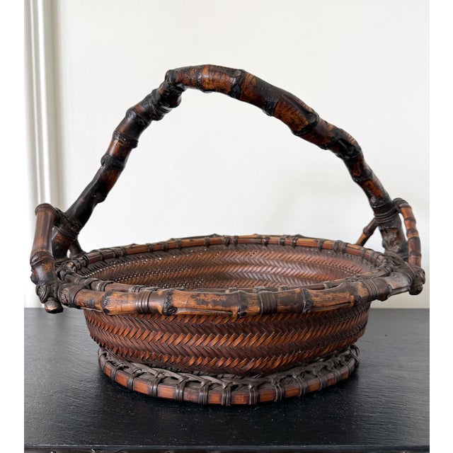 Brown Antique Japanese Bamboo Morikago Basket with Chikon Handle Meiji Period For Sale - Image 8 of 15