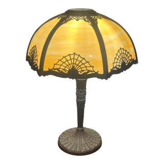 1910s Bronze Art Nouveau Slag Glass Spider Web Design Table Lamp For Sale