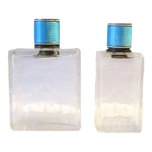 French Crystal and Sterling Silver Guilloche Enamel Vanity Bottles, Pair/Set