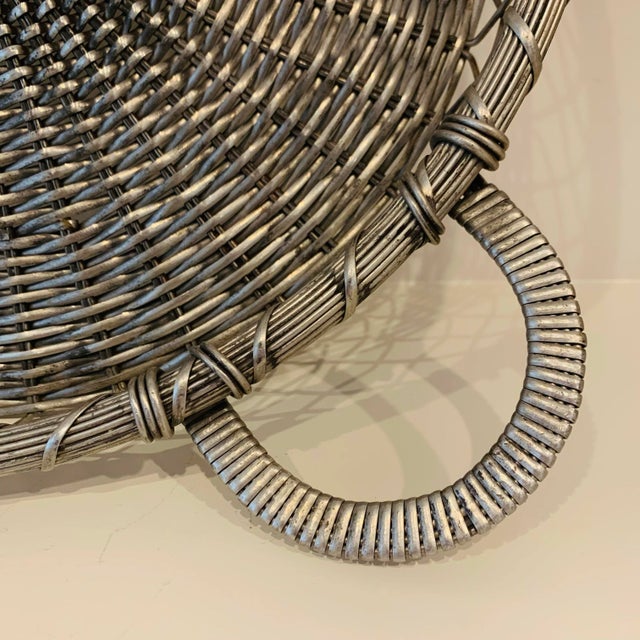 Vintage French woven silver basket tray - large size! Measures roughly 20" wide with the handles - 14" interior diameter...