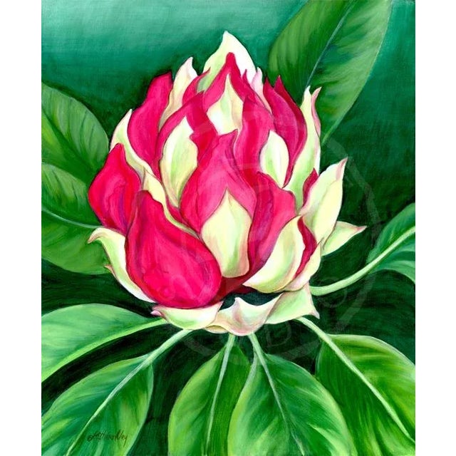 Rhododendron Bud, Oil and Acrylic Original Floral Painting by Kathleen Ney For Sale