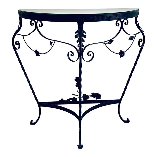 Antique C1920s Italian Wrought Iron Console Demilune Table With Glass Top For Sale