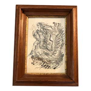 1950’s Original Abstract Expressionist Ink & Watercolor Figural Painting Antique Frame