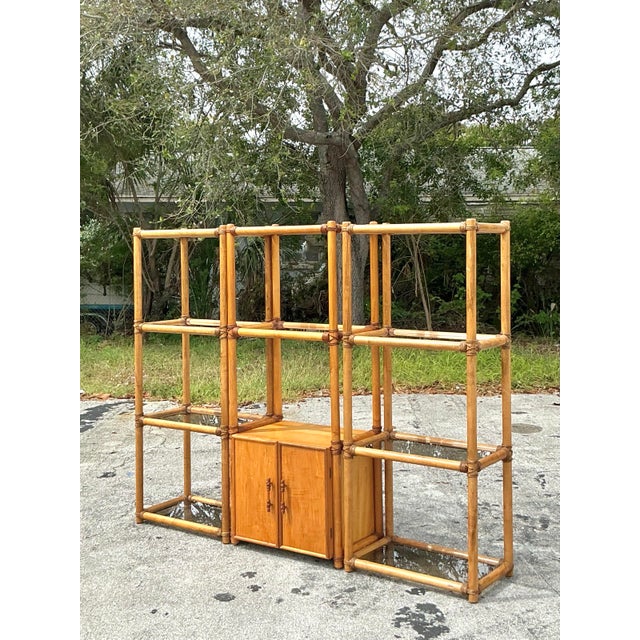 Wood Vintage Coastal Rattan Etagere - Set of 3 For Sale - Image 7 of 11