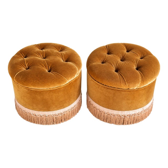 Early 20th Century Napoleon III Ottoman in Ochre Velvet with Tufted Fringes For Sale