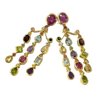 Bochic “Capri” Chandelier Ruby & Multi Gem Earrings Set in 18k Gold & Silver - 2 Pieces For Sale