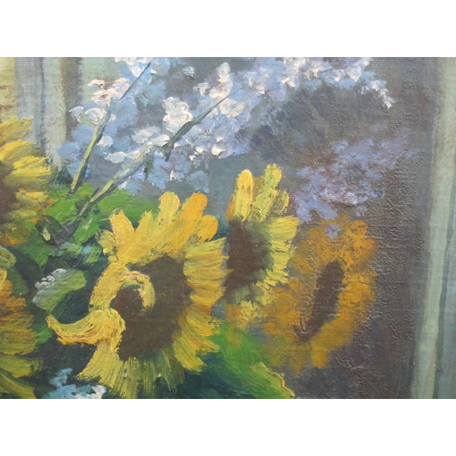 Mid 20th Century Still Life of Sunflowers in Vase Reflection Framed Signed Unknown Oil Painting For Sale - Image 5 of 6