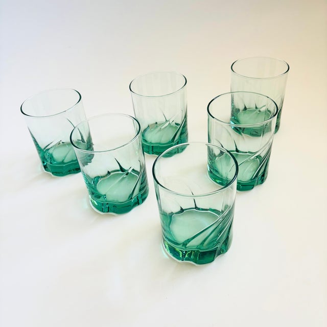 A set of 6 beautiful pale green vintage lowball tumblers. Made in the Spanish Green Monterey pattern by Libbey. Weighted...