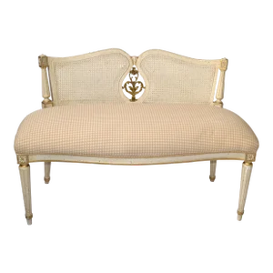 Vintage Louis XVI Bench Hand Carved Gilt Hardwood Woven Caning Brass Taupe Brown Fabric