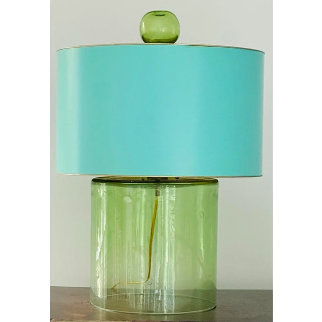 Exceptional handblown glass lamp with blue tile metal shade by Stray Dog Designs.. Out of the ordinary and beautiful. The...