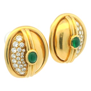 Vintage 18k Yellow Gold Diamond and Emerald Cabochon Clip-on Earrings, Pair For Sale
