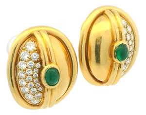 Vintage 18k Yellow Gold Diamond and Emerald Cabochon Clip-on Earrings, Pair