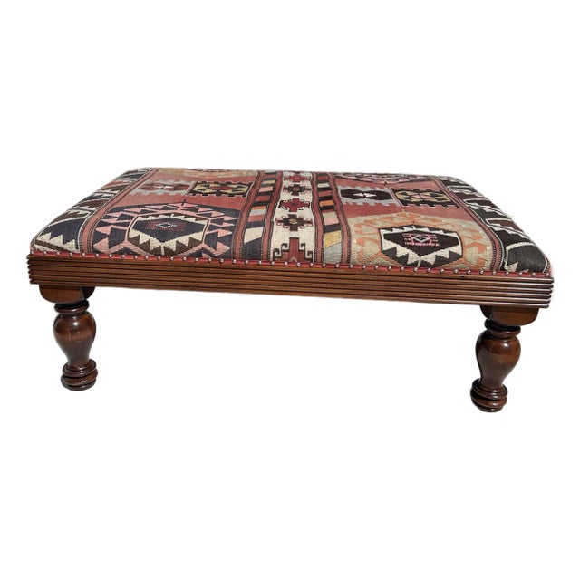 1990s Large English Kilim Upholstered Cocktail Ottoman Bench in the Style of George Smith For Sale