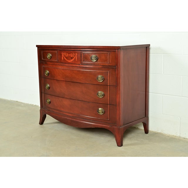 English Federal Inlaid Mahogany Bow Front Dresser Chest by National Furniture, Circa 1960s For Sale - Image 3 of 13